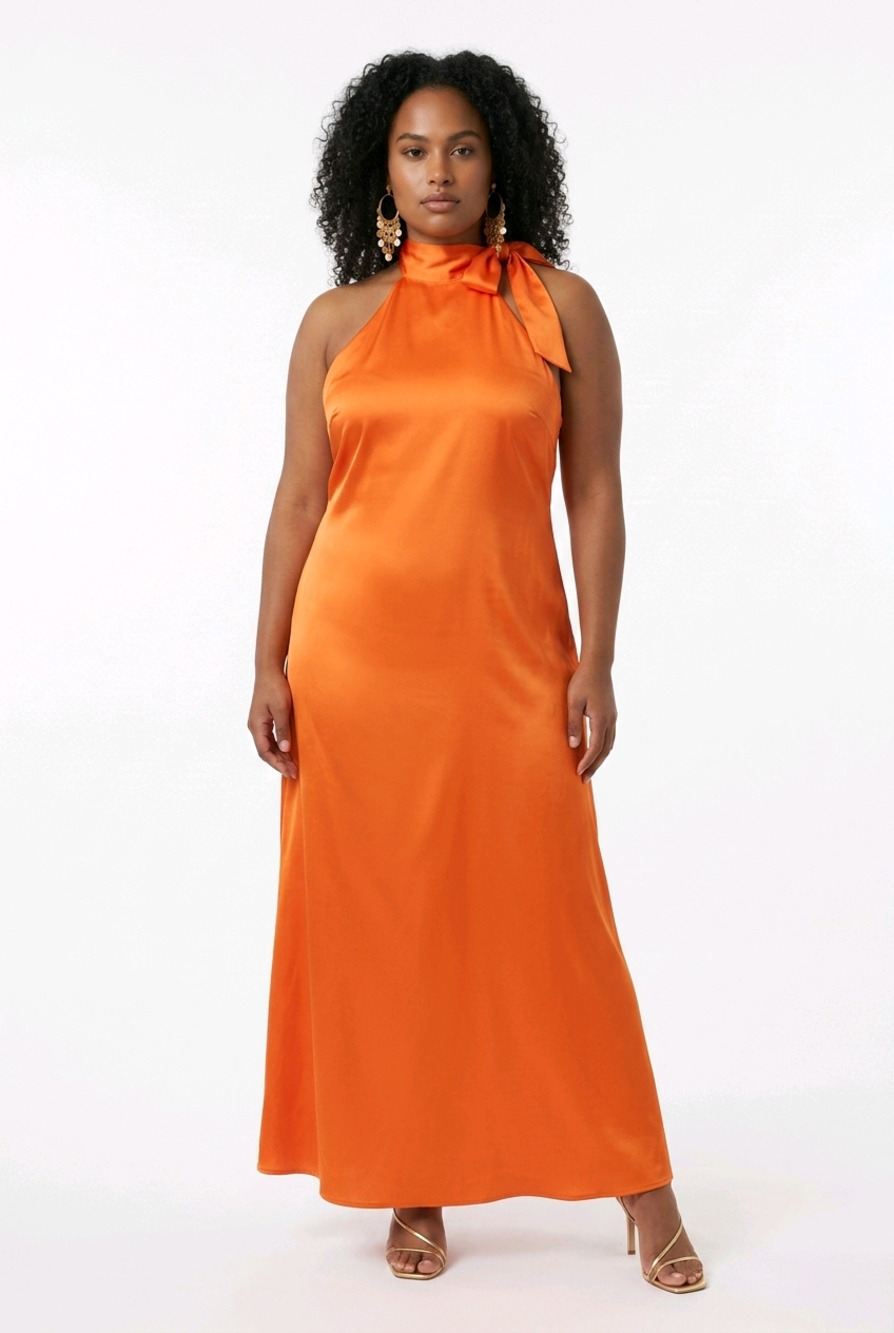 Rebdolls Orange Satin Halter Open Back Maxi Dress 2X NWT